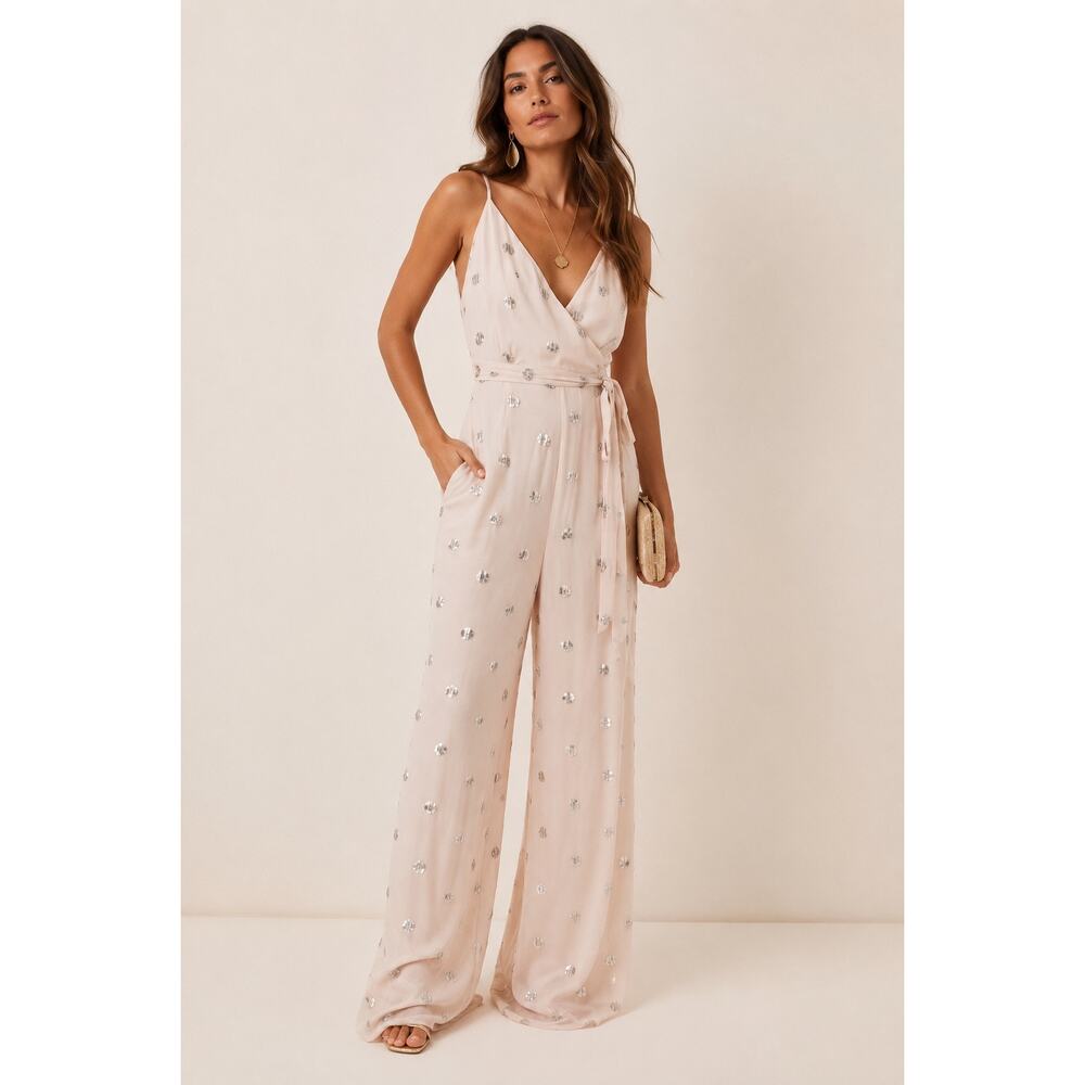 ALEXIS Sequin Wide Leg Jumpsuit Open Back Formal Party Glam Ibiza M Blush Pink
